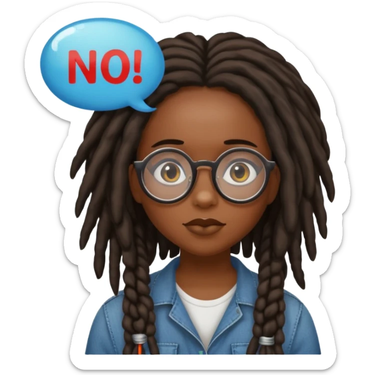 darker skin female with dark dreadlock hair wearing large round glasses with a word bubble that says no sticker