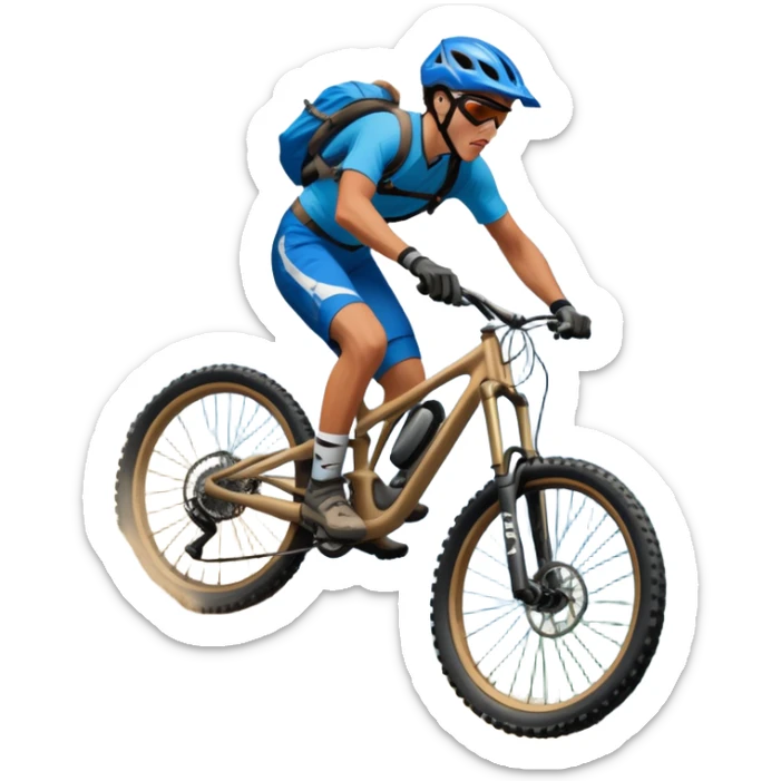 A thrilling downhill mountain biking scene! A rider in full gear speeds down a steep rocky trail, kicking up dust. The rugged mountain landscape surrounds them, with towering peaks, evergreen trees, and a bright blue sky. The rush of adventure is in the air. Transparent background. sticker