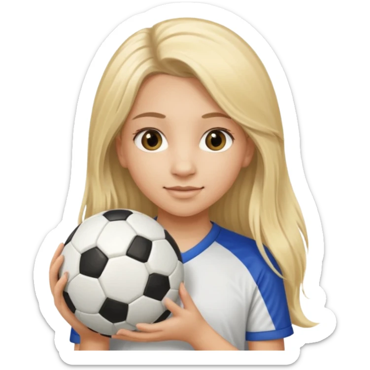 A girl with long light blonde hair with long eyelashes that looks around 13 years old with a soccer ball sticker