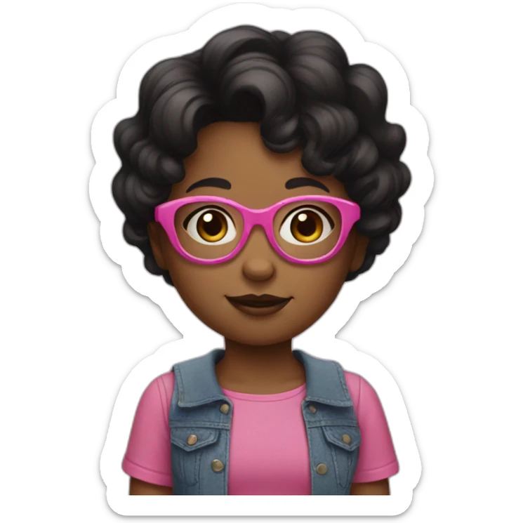 Little Girl with pink glasses black wavy short hair sticker