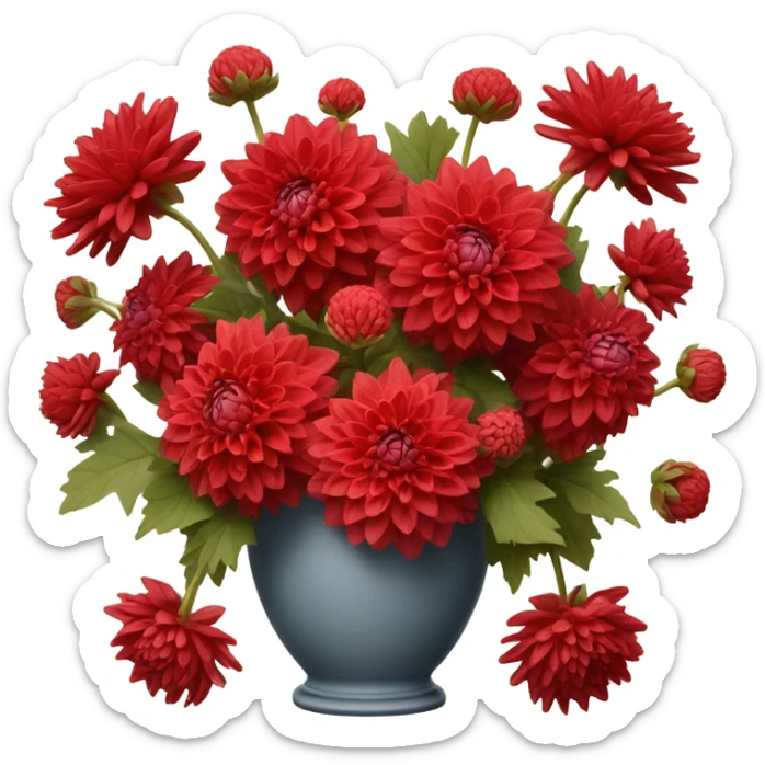 A Parisian-inspired setting with a bouquet of red dahlias in a ceramic vase sticker