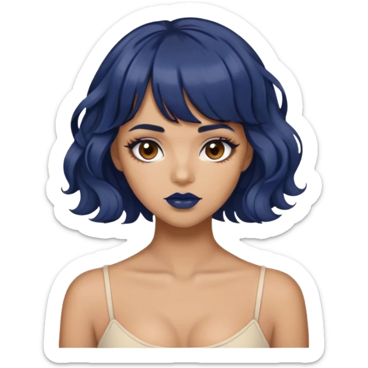 tan girl with dark blue wavy hair, bangs, dark brown lip liner and dark brown eyes  sticker