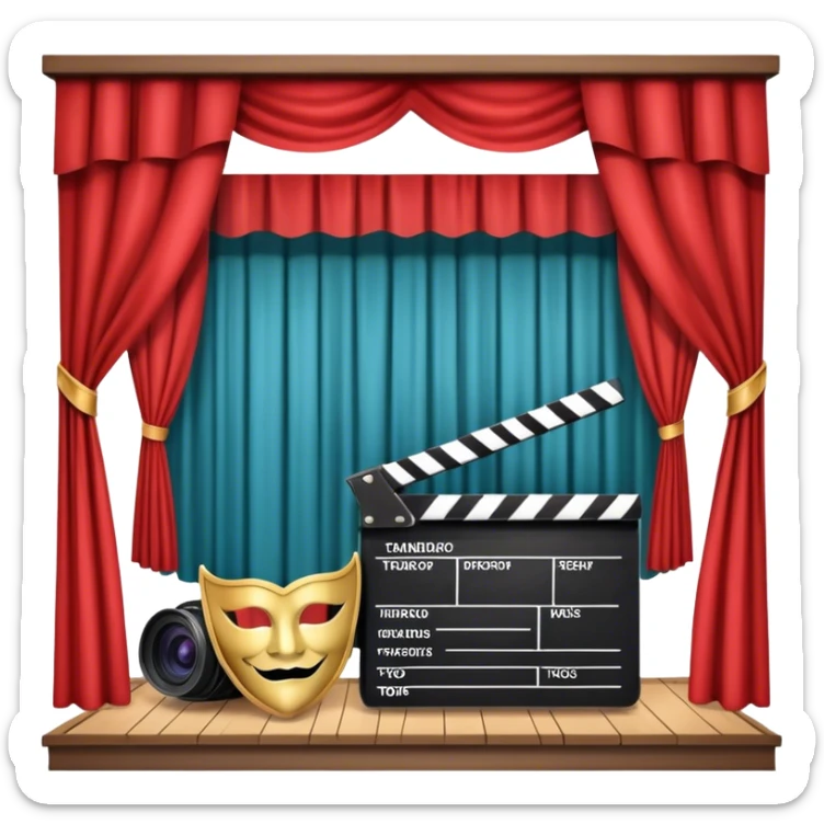 Icon for Acting in Theatre: a stage with curtains, a theater mask, a film camera, and a clapperboard. The design should represent theatrical performance and acting techniques. Transparent background. sticker