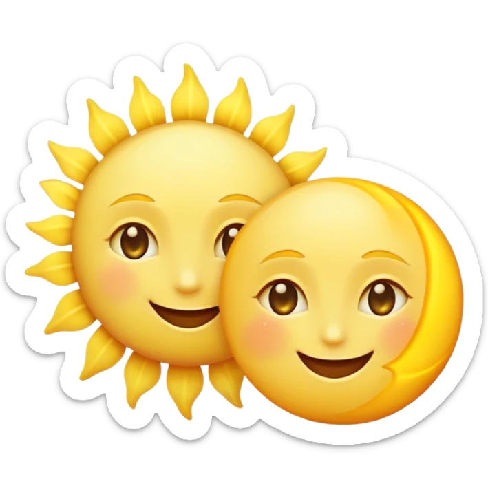 a really bright  big sun and a small moon who shines because of it. the sun is bigger and the tiny \moon bright too beside it smiling looking at each other sticker