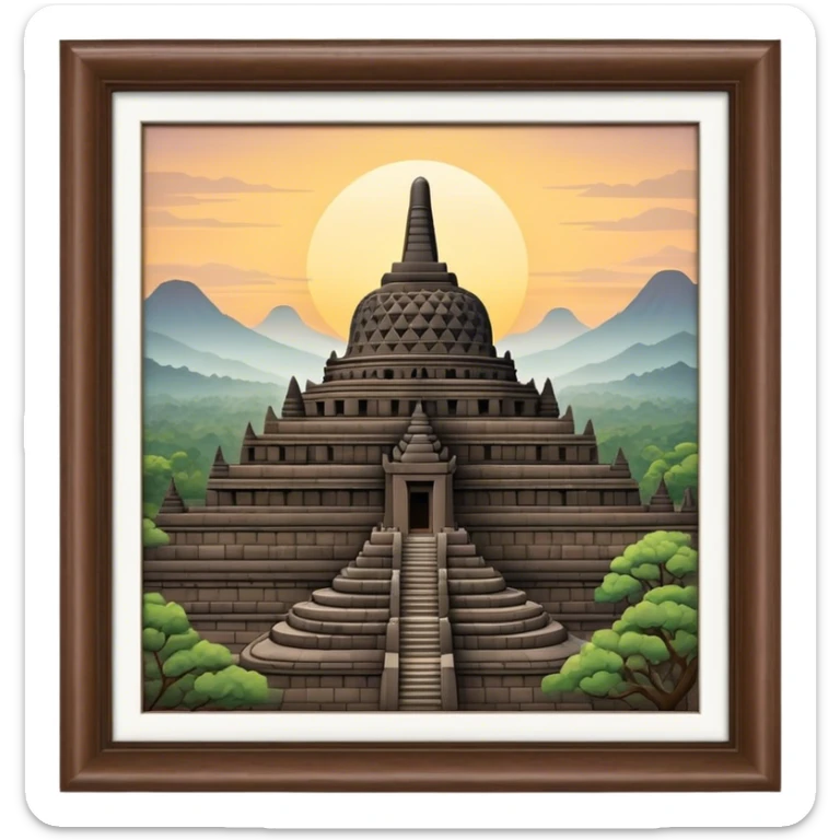 Cinematic Realistic Borobudur Landmark Emoji, showcasing the majestic ancient Buddhist temple rendered with intricate textures and serene, historic lighting. sticker