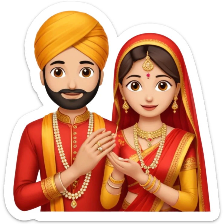 Two hands in a engagement..One hand of groom and one hand of bride. Bride hand - red/yellow saree. groom- light orange punjabi (oonly hands will be visible in the image). Groom's hand is holding a ring and bride's hand will be wearing the ring sticker