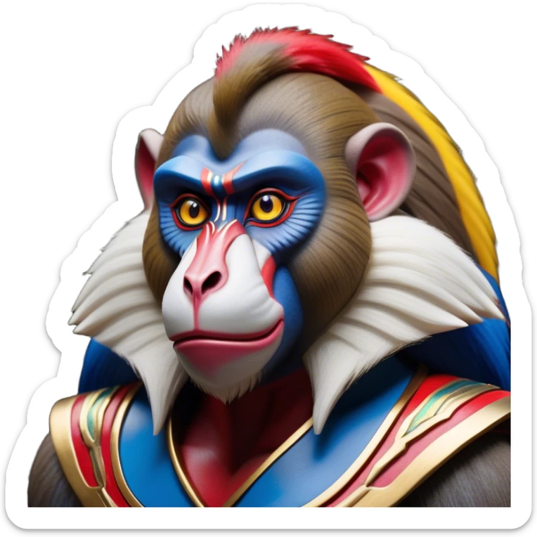 Cinematic Noble Mandrill Portrait Emoji, Poised and regal, with a striking, powerful build and a vivid, multicolored face accented by bold blue, red, and yellow hues, deep-set soulful eyes, Simplified yet sharp and sophisticated features, highly detailed, glowing with a vibrant, dignified glow, high shine, intelligent and commanding, stylized with an air of exotic majesty, focused and attentive, soft glowing outline, capturing the essence of a watchful and confident primate, so majestic it feels as though it could step out of the screen with effortless authority! sticker