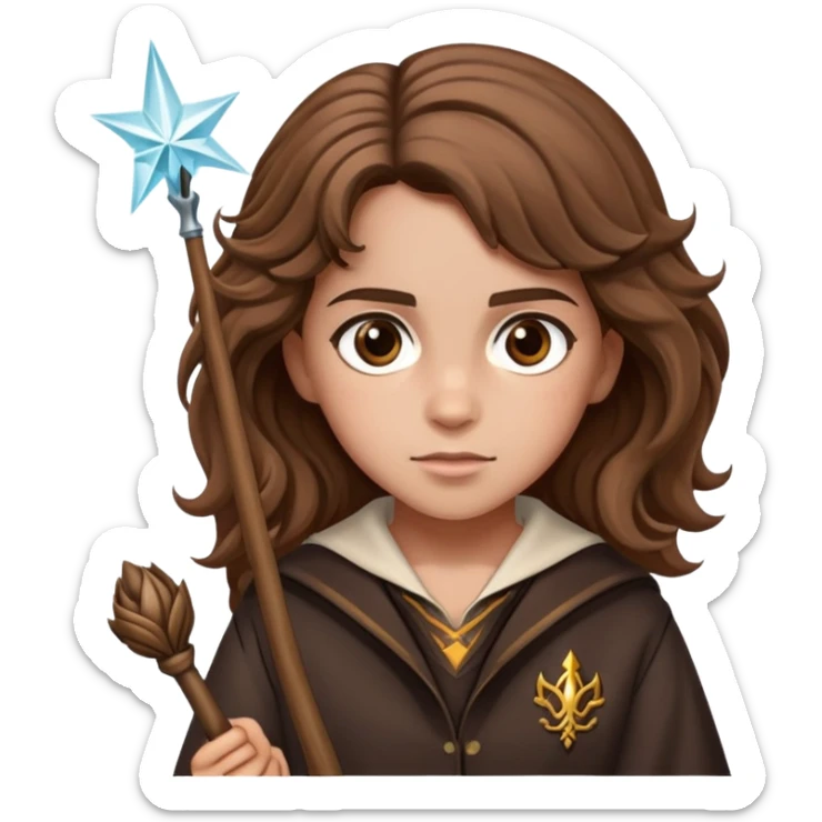 Hermione Granger from Harry Potter with bushy brown hair and wand sticker