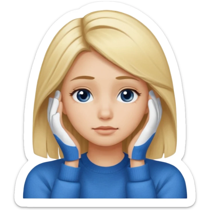 Girl massaging her head with blonde hair with anti-dark circles patches dressed in a blue sweater sticker