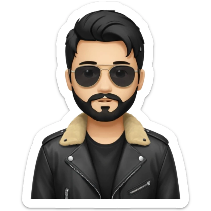 generate an ios genmoji of a 20 year old tan boy with black sunglasses, long black hair till his shoulders. Wearing a leather jacket. Has a dyed blonde beard sticker