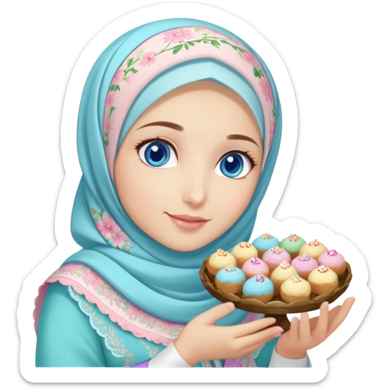 Turkish beautiful finish Konya girl blue eyes with pastel floral hijab islamic dress and had on her hand text Eid Mubarak with sweets and celebrating with her friends eid days   sticker