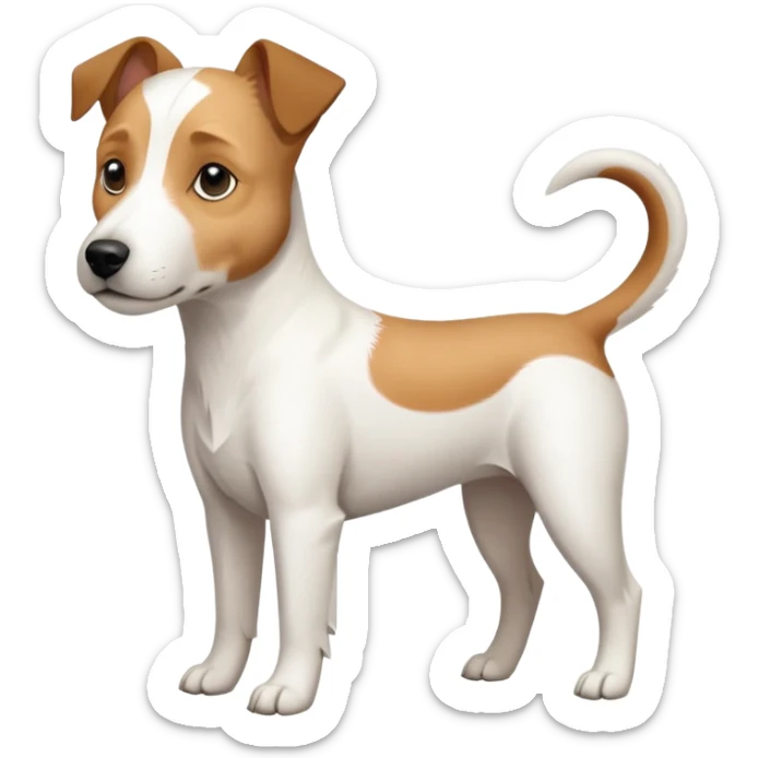 a full body slightly chubby white parson russell terrier looking dog the size of a kelpie with light brown long ears and a light brown patch on one eye and a large snout. the rest of the dog is completely whiteforward facing sticker