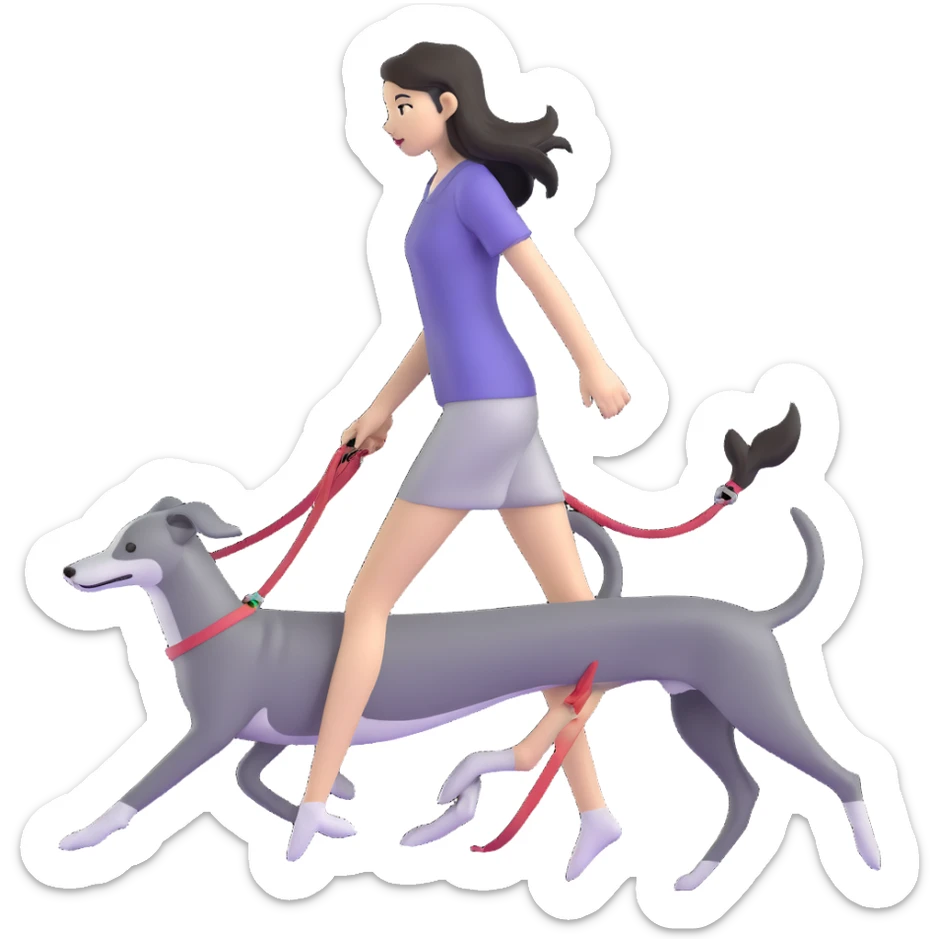 Japanese girl with flowing hair walking a solid grey greyhound with no white markings sticker