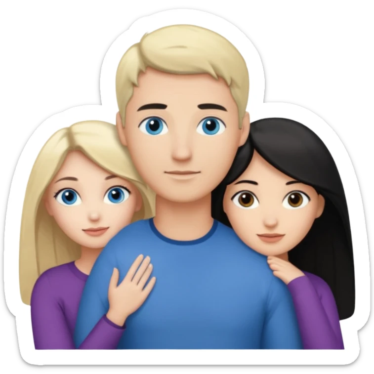 3 people. Throuple. Blank woman with blond hair and blue eye color on left. a blank man with black hair and grey eye color in the middle. And a blank woman with brown hair and grey eye color on the right. Holding each other  sticker