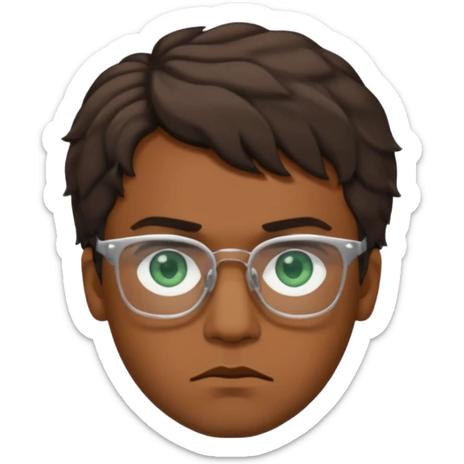 Garçon brun avec des cheveux ondulés courts, peu un peu claire, des yeux verts foncés, des lunettes rectangulaires transparentes et qui est fou sticker