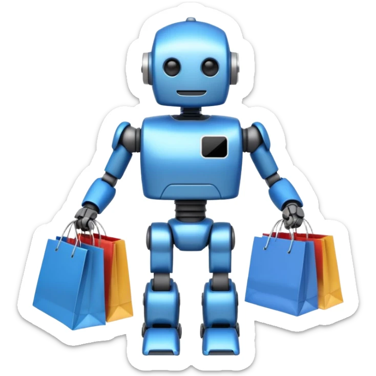 black friday robot with blue and metalic colours with bags in his hands  sticker