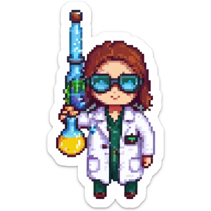 chemist in lab coat with chemical goggles holding a test tube, background with a board of chemical elements, pixel art style, no text sticker