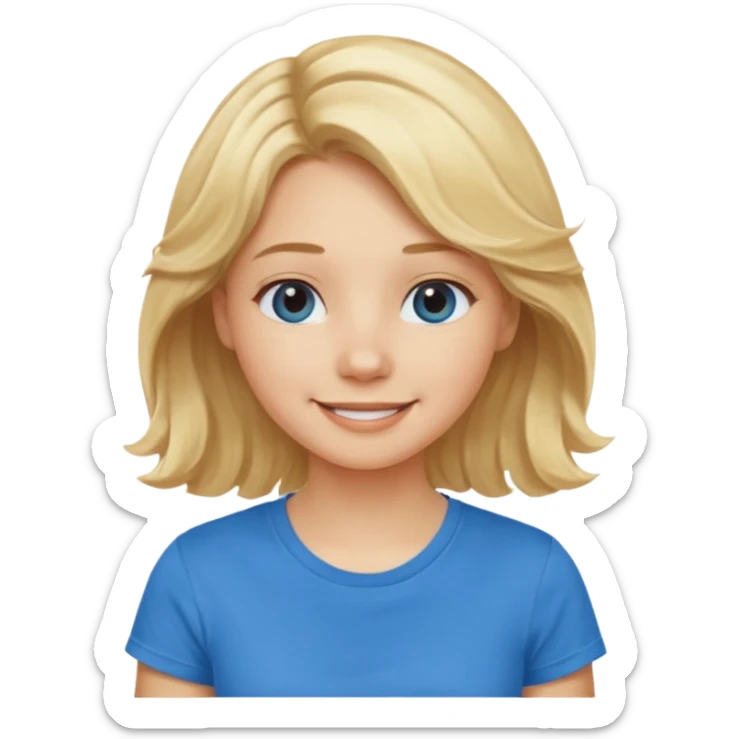 Happy blond girl with light weavy hair with a blue shirt but we can see only her face and neck and the top of the t shirt, no whole body sticker