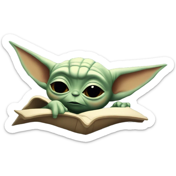 baby yoda is slipping in bed. Around him are flying letters ZZZZ sticker