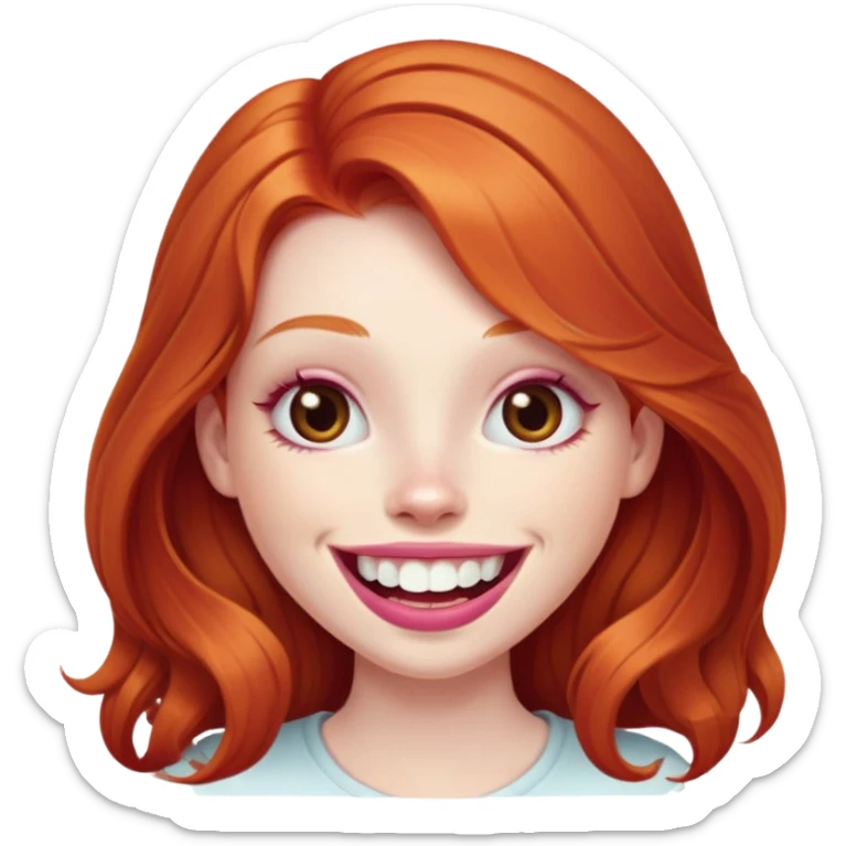Young girl with pale skin, longer face, full pink lips smiling with big teeth, very long ginger red hair, big brown eyes, bigger nose, big mouth sticker
