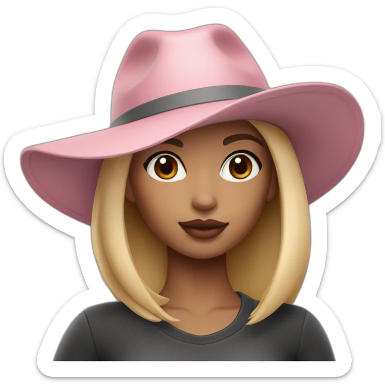 memoji stylish girl with blonde hair in a gradient with plump lips of soft pink color with wide eyebrows of dark gray color in a Prado brand hat. sticker