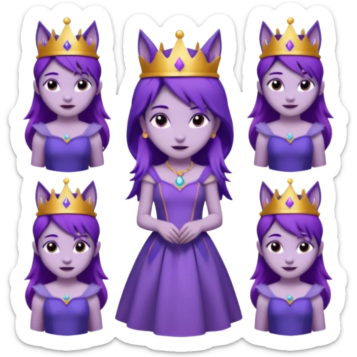  a cute princess wearing a purple dress and crown with purple hair and purple wolf ears and purple wolf tail character. Each square shows the character doing different actions against a white background And make a gap between each illusion sticker