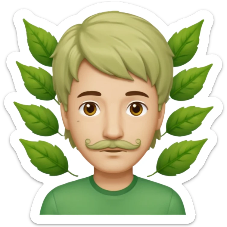 The Tree of Wisdom of The Wiggles with light skin, brown eyes, green leaves wig and thin mustache, green shirt sticker