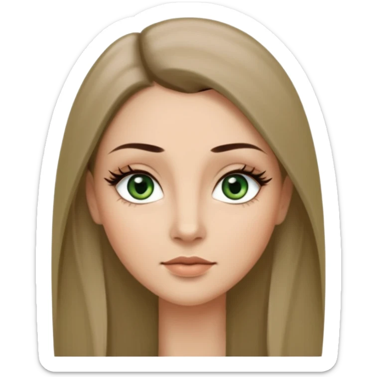 Adult woman avatar, light skin tone, oval face, long straight ashy brown hair, green almond-shaped eyes with dramatic eyelashes and minimal eyeliner, neutral mouth, medium straight eyebrows, small nose, smooth skin sticker