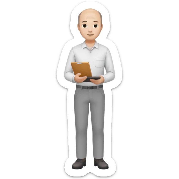 man mid 30's shirt and trousers balding hairline standing holding a clipboard sticker