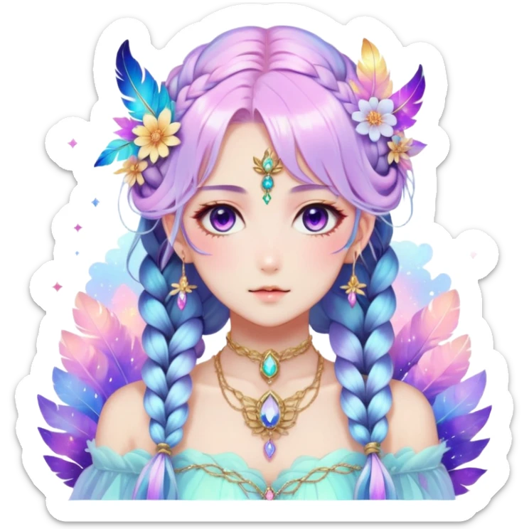 Beautiful gorgeous anime lady with beautiful iridescent-nebula-braided-hair, fashion aesthetic, ethereal, fairycore, pastelcore, feathers, flowers, gems, accessories, jewelries, gold, colorful sticker