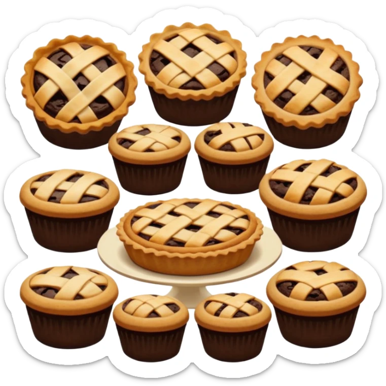 Baking community avatar in clean emoji-style illustration. Pies, cookies, and muffins grouped together, warm golden tones, simple shapes, flat design, high contrast, cozy and friendly. sticker