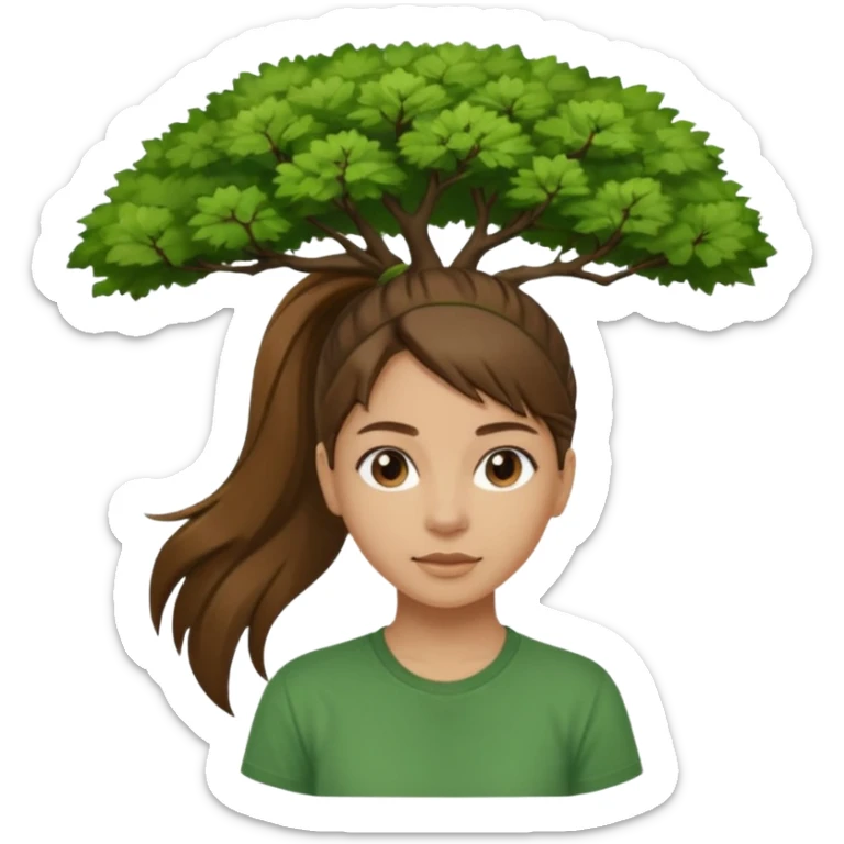 Make a zumba coach emoji, brown eyes, brown hair girl, green shirt withe "the roots" on it, longer pony tail hair, add the tree logo for the roots remove tree from background sticker