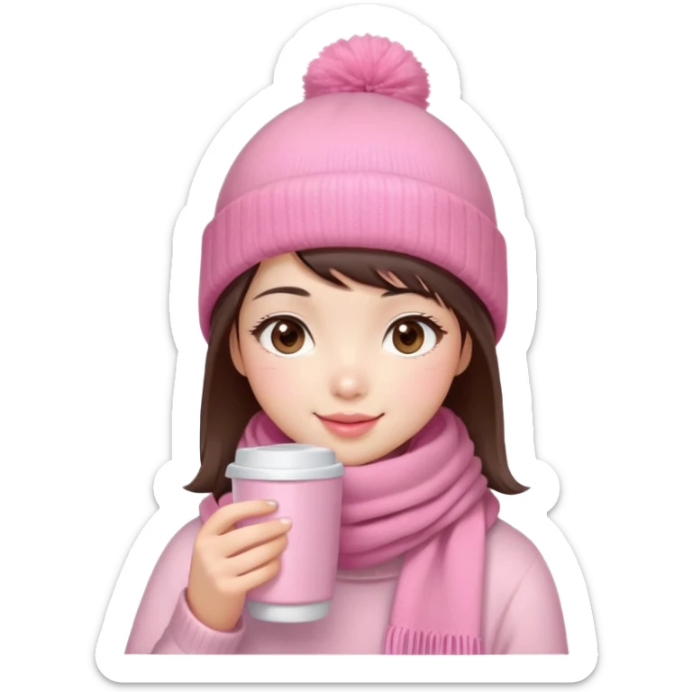 Cute East Asian girl, soft fair skin, big brown eyes, long lashes, natural pink lips, inward brown bob with straight bangs. Wearing pink beanie and scarf, rosy cheeks, shy smile, holding warm drink, snow,  sticker
