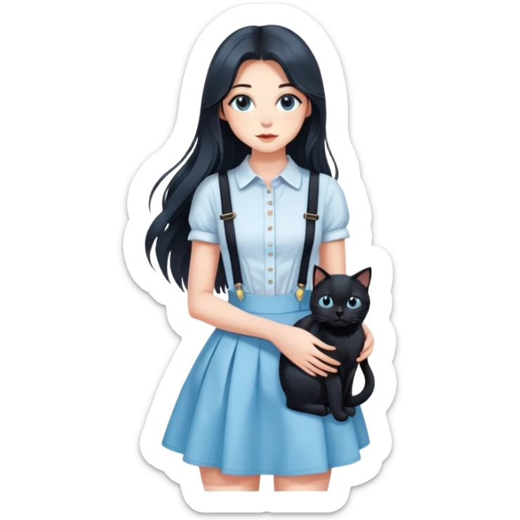 A sexy girl with long hair wearing a light blue suspender skirt holding a black cat sticker