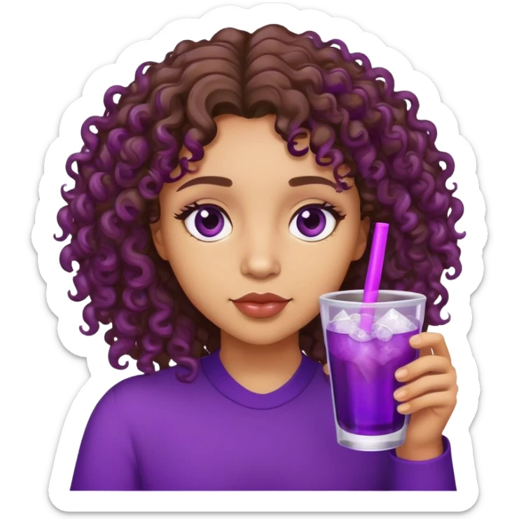 Lightskin with curly brown hair and brown eyes drinking purple drink with ice sticker