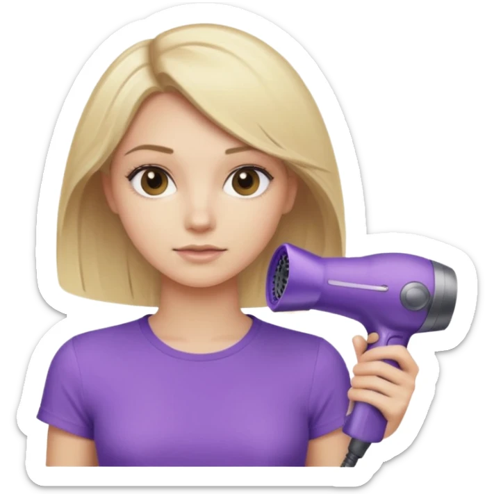 blonde girl in beige top using a purple Dyson hair dryer, iOS emoji style sticker