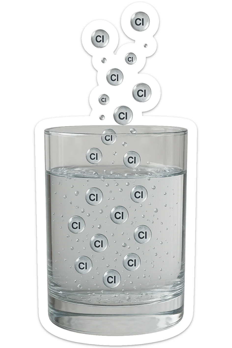 un bicchiere di acqua fluttua in aria realistico e dettagliato, dentro l'acqua del bicchiere ci sono particelle di cloro ben visibili con la scritta "Cl" sopra, ci sono particelle anche che escono dal bicchiere e fluttuano in aria verticalmente, mentre alcune sono all'interno dell'acqua nel bicchiere, iperrealistico 4k sticker