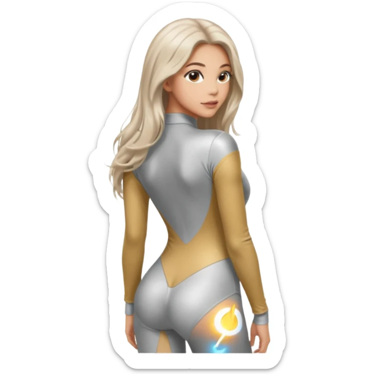 woman with light long hair in silver long-sleeve bodysuitlooking at the camera from back with sexy pose sticker