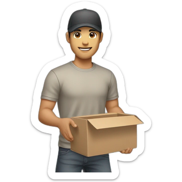 Tan skinned fit Man with black hair in a dark gray cap, gray jeans and beige polo T-shirt keeping a pasted box into his hands sticker