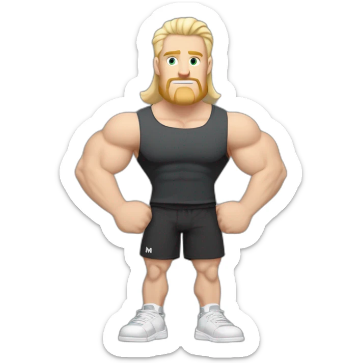 Full height Pale skinned fit man With Wide jaw, biceps and blonde hair In dark gray sleeveless mike, black oversize sports shorts, watch and white sneakers. his arms crossed over his chest sticker