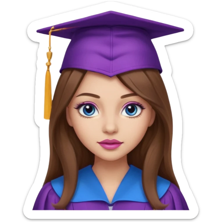 girl with gorgeous long brown hair, blue eyes, long lashes makeup, sexy pink lips, wearing a purple graduation cap and gown sticker