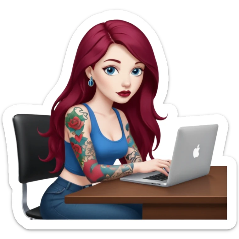 Realistic Macbook pro, side view of female, long burgundy hair, pale skin, big lips, blue eyes with tattoos, graphic designer, sitting at work desk with MacBook open, still view sticker