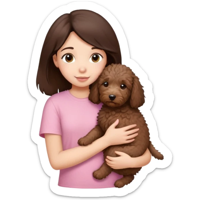 One girl with medium long dark brown hair dressing baby pink T-shirt, hugging One little brown coated labradoodle. sticker