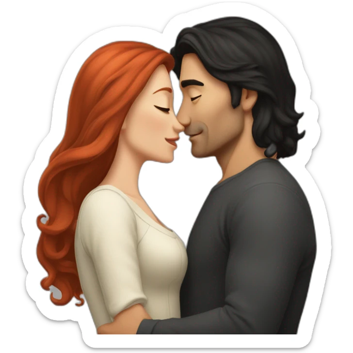 man with long black hair and no beard kissing with shorter long red-hair woman sticker