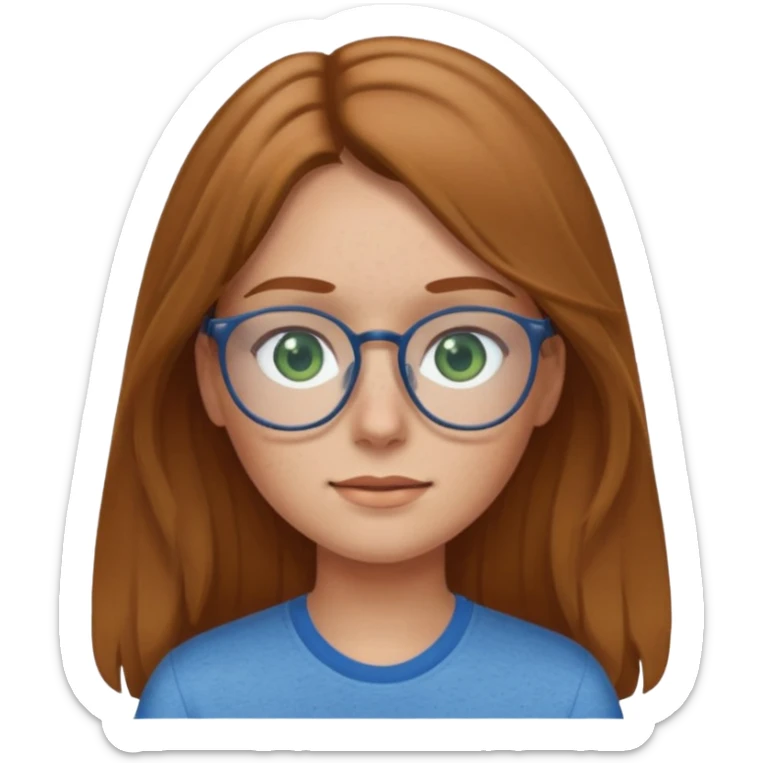 Create an emoji of a girl with light brown hair long length hair, green eyes, freckles, glasses and wearing a blue shirt sticker