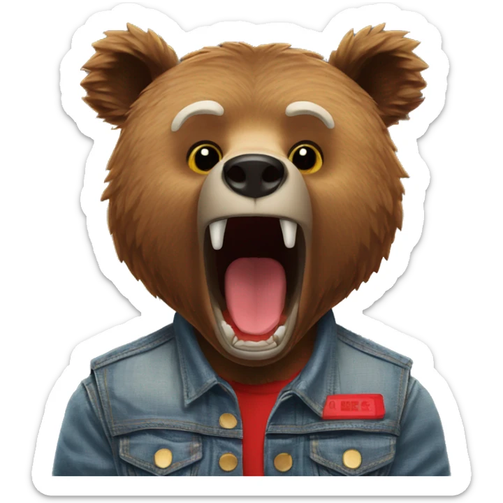 grizzly bear wearing sleeveless jean jacket and red headband with open mouth sticker