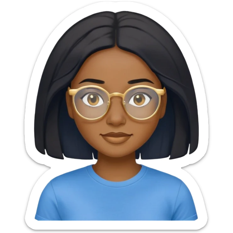 a young black woman with medium deep skin, 4c hair, black hair, golden glasses, a blue t-shirt, no make up, black eyes, small closed-mouth smile, medium close-up position. sticker