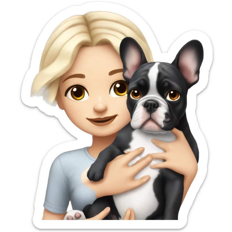 Girl light-skinned and fair-haired blue eyes with a French bulldog merle puppy sticker