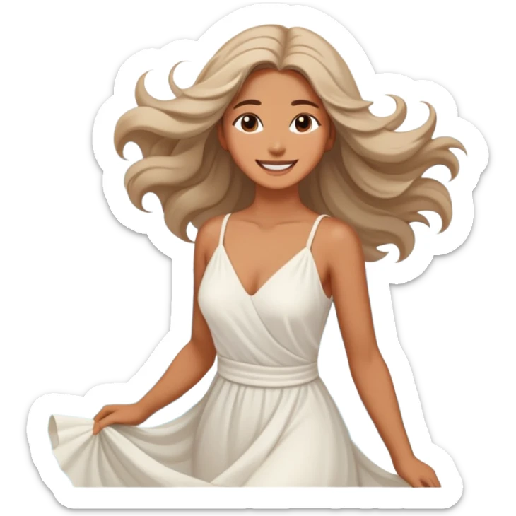 A woman in a flowing dress by the ocean, wind in her hair, a serene and confident smile. sticker