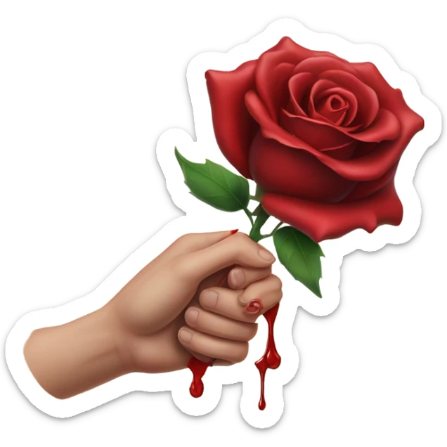 An image of a hand holding a rose, with a thorn piercing the skin, showing a small drop of blood, symbolizing the pain of beauty or love sticker